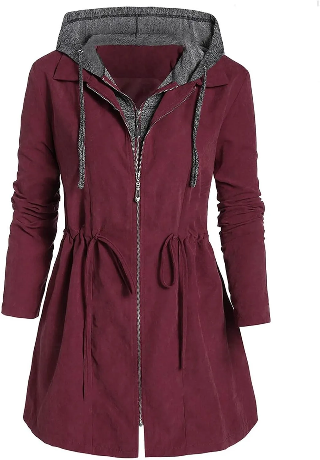 HGps8w Plus Size Hooded Outerwear Jacket for Women Fake-Two Pieces Full Zip Up Windbreaker Outdoor Trench Coat with Pockets