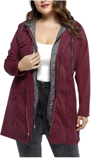 HGps8w Plus Size Hooded Outerwear Jacket for Women Fake-Two Pieces Full Zip Up Windbreaker Outdoor Trench Coat with Pockets