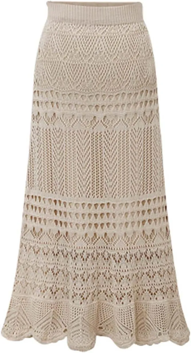 HGps8w Womens Elegant Knee Length Pencil Skirt Stretch High Waist Crochet Hollow Out Knit Vintage Mermaid Maxi Skirt