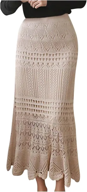 HGps8w Womens Elegant Knee Length Pencil Skirt Stretch High Waist Crochet Hollow Out Knit Vintage Mermaid Maxi Skirt