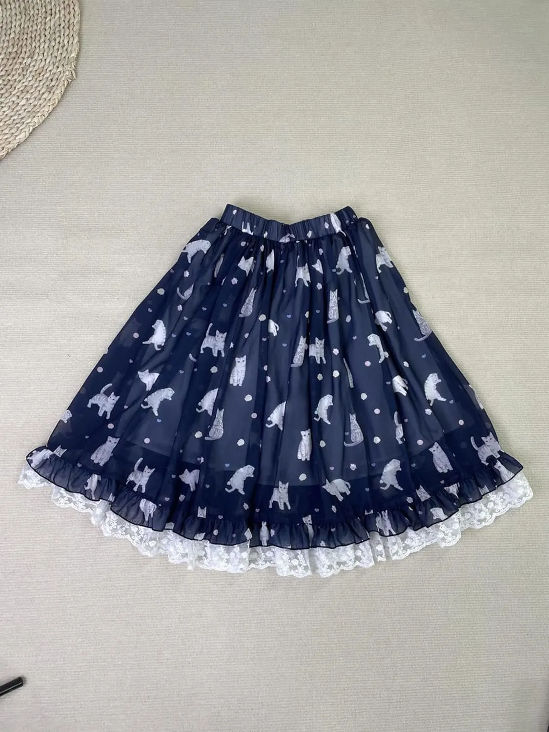 High Waist Pleated Midi Skirt for Women Teen Girls Chiffon Lolita Kawaii Cat Print Ruffle Lace Hem Flowy Casual Skirts