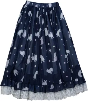 High Waist Pleated Midi Skirt for Women Teen Girls Chiffon Lolita Kawaii Cat Print Ruffle Lace Hem Flowy Casual Skirts