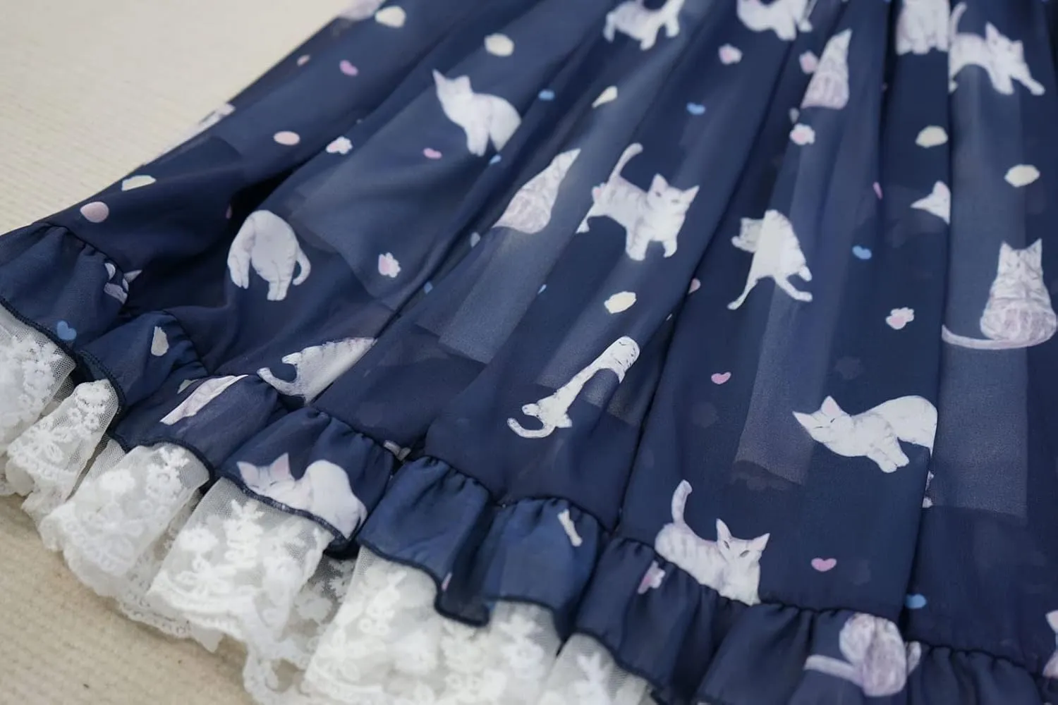 High Waist Pleated Midi Skirt for Women Teen Girls Chiffon Lolita Kawaii Cat Print Ruffle Lace Hem Flowy Casual Skirts