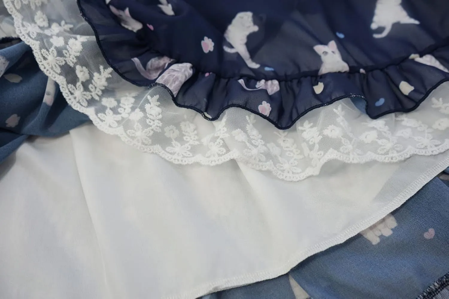 High Waist Pleated Midi Skirt for Women Teen Girls Chiffon Lolita Kawaii Cat Print Ruffle Lace Hem Flowy Casual Skirts