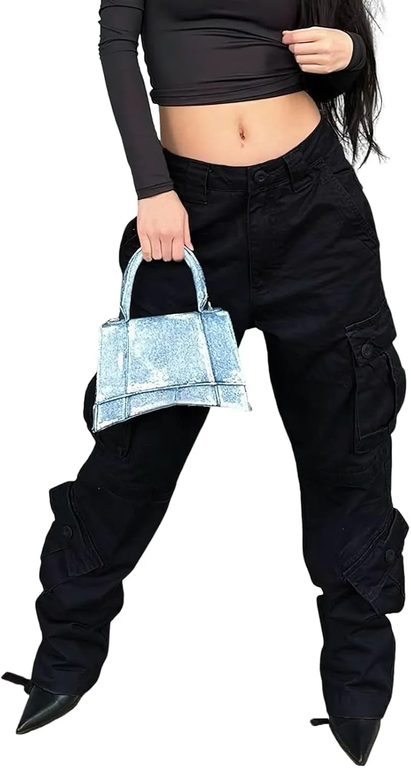 High Waisted Baggy Cargo Jeans for Women Y2K Wide Leg Loose Boyfriend Streetwear Trousers with Pockets Harajuku Grunge