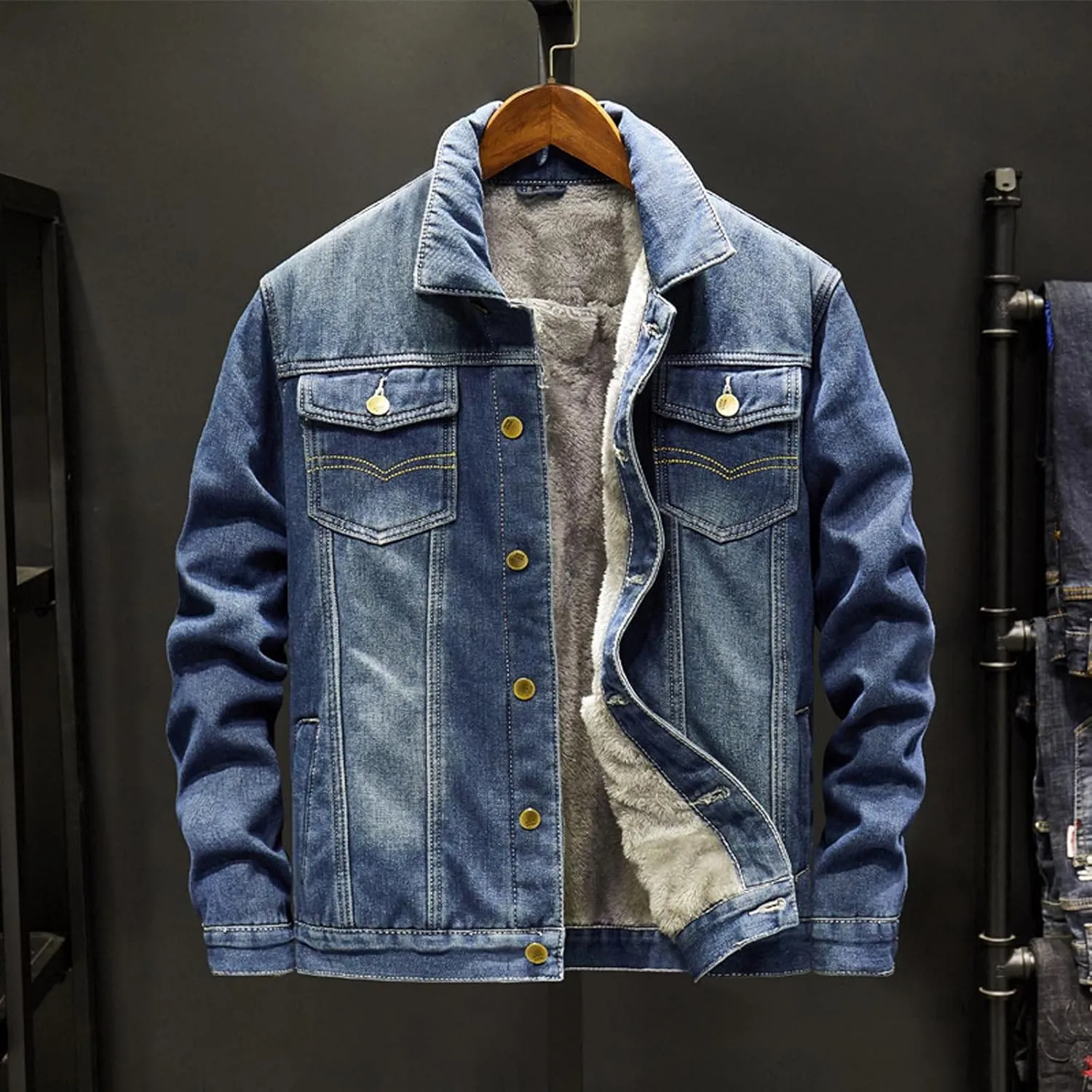 hlysgo Men's Denim Jacket Lapel Sherpa Fleece Lined Thicken Denim Jean Trucker Jacket Coats Slim Casual Jean Jacket Unisex