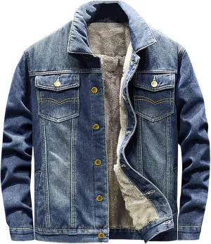 hlysgo Men's Denim Jacket Lapel Sherpa Fleece Lined Thicken Denim Jean Trucker Jacket Coats Slim Casual Jean Jacket Unisex