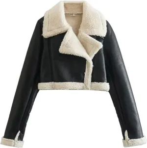 hlysgo Womens Faux Shearing Leather Jackets Sherpa-Lined Crop Coat Winter Bomber Jacket Short Outerwear Winter Clothes
