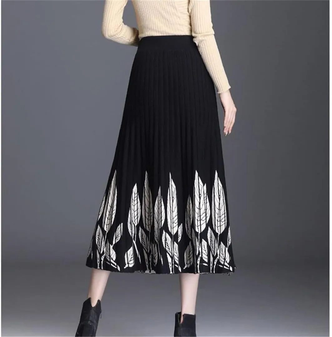 Hndudnff Elastic High Waist Pleated A-Line Skirts for Women Printing Thicken Knitted Midi Skirt