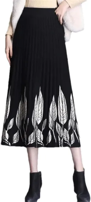 Hndudnff Elastic High Waist Pleated A-Line Skirts for Women Printing Thicken Knitted Midi Skirt