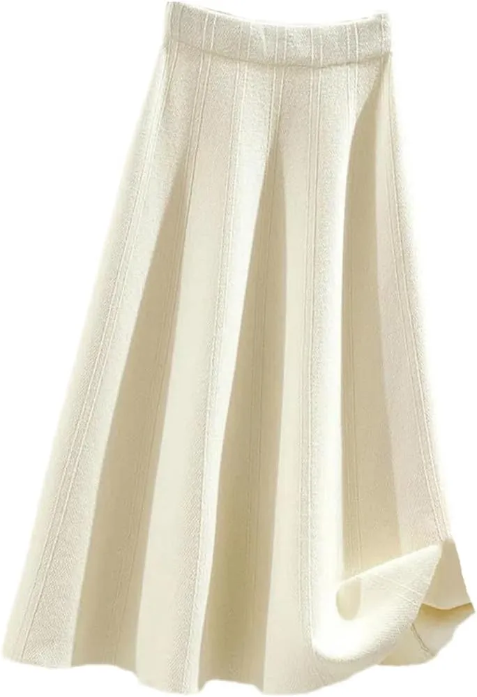 Hndudnff Women Gothic Solid Color Pleated Knitted Skirts Christmas High Waist A-Line Midi Skirts