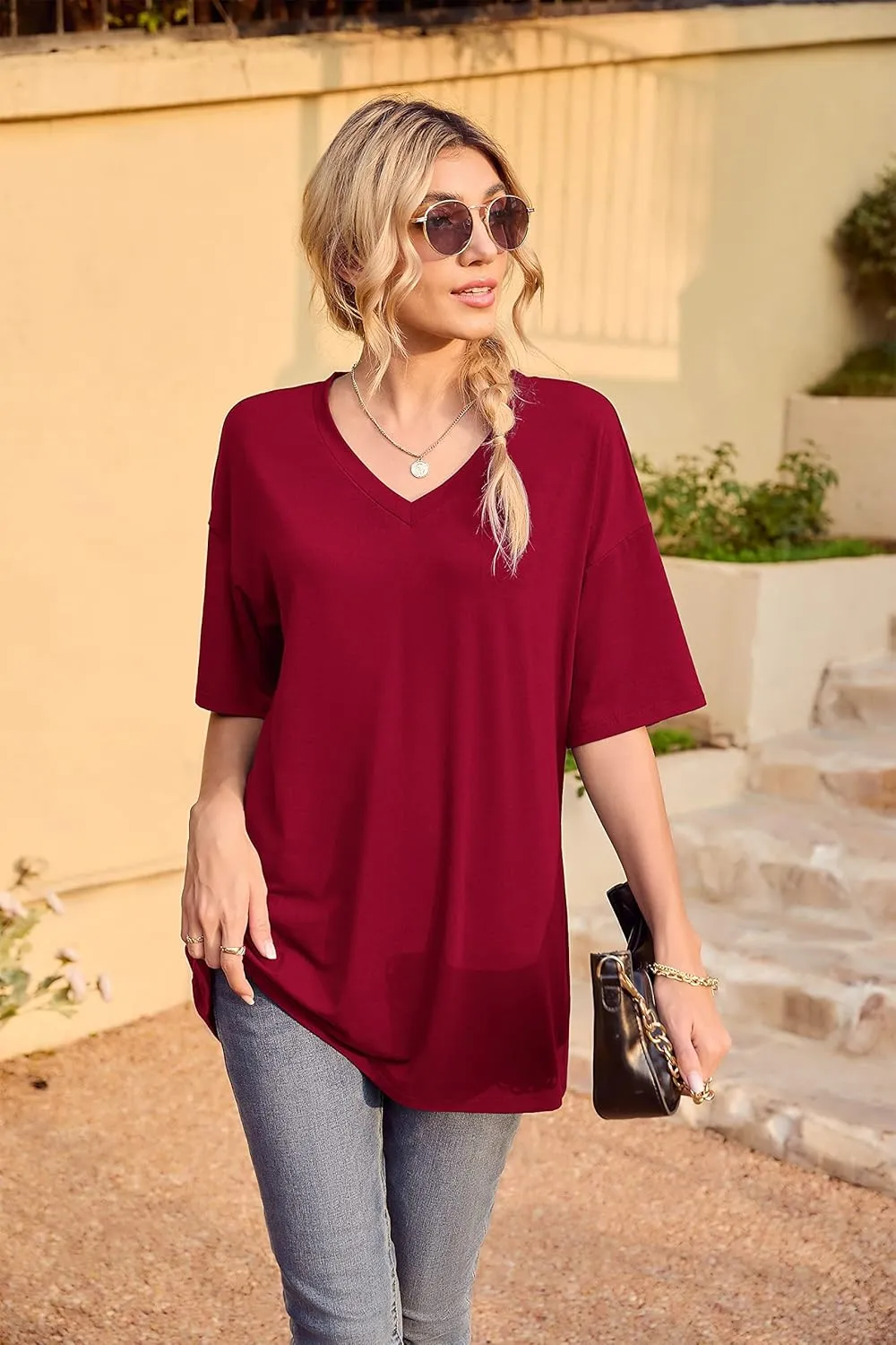 Iandroiy Womens Short Sleeve Tops Dolman V Neck T-Shirts Summer Casual Tunic Tops