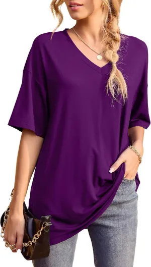 Iandroiy Womens Short Sleeve Tops Dolman V Neck T-Shirts Summer Casual Tunic Tops