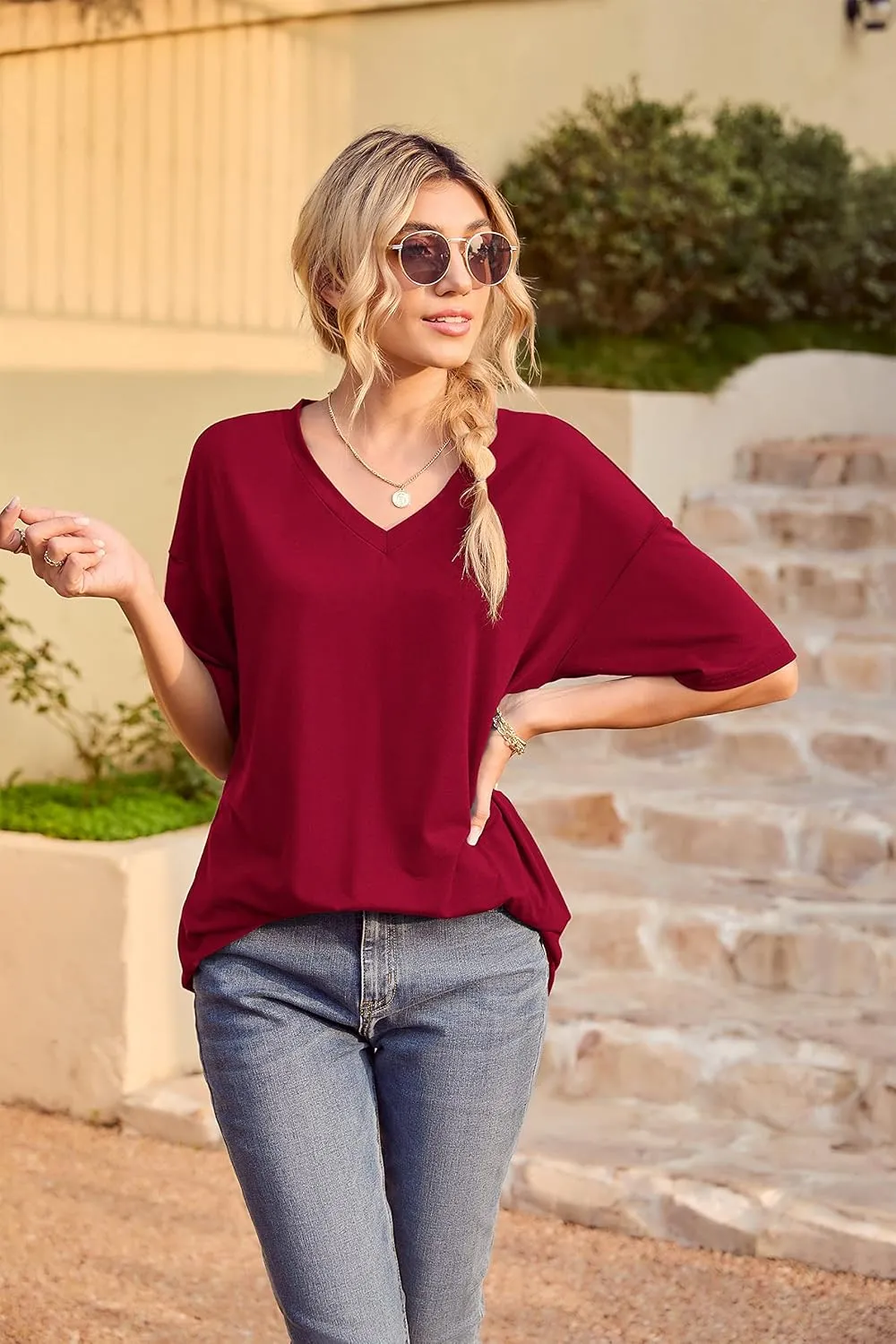 Iandroiy Womens Short Sleeve Tops Dolman V Neck T-Shirts Summer Casual Tunic Tops