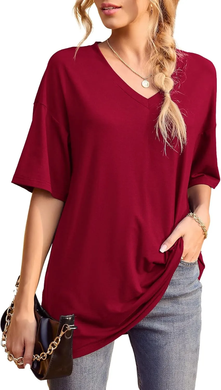 Iandroiy Womens Short Sleeve Tops Dolman V Neck T-Shirts Summer Casual Tunic Tops