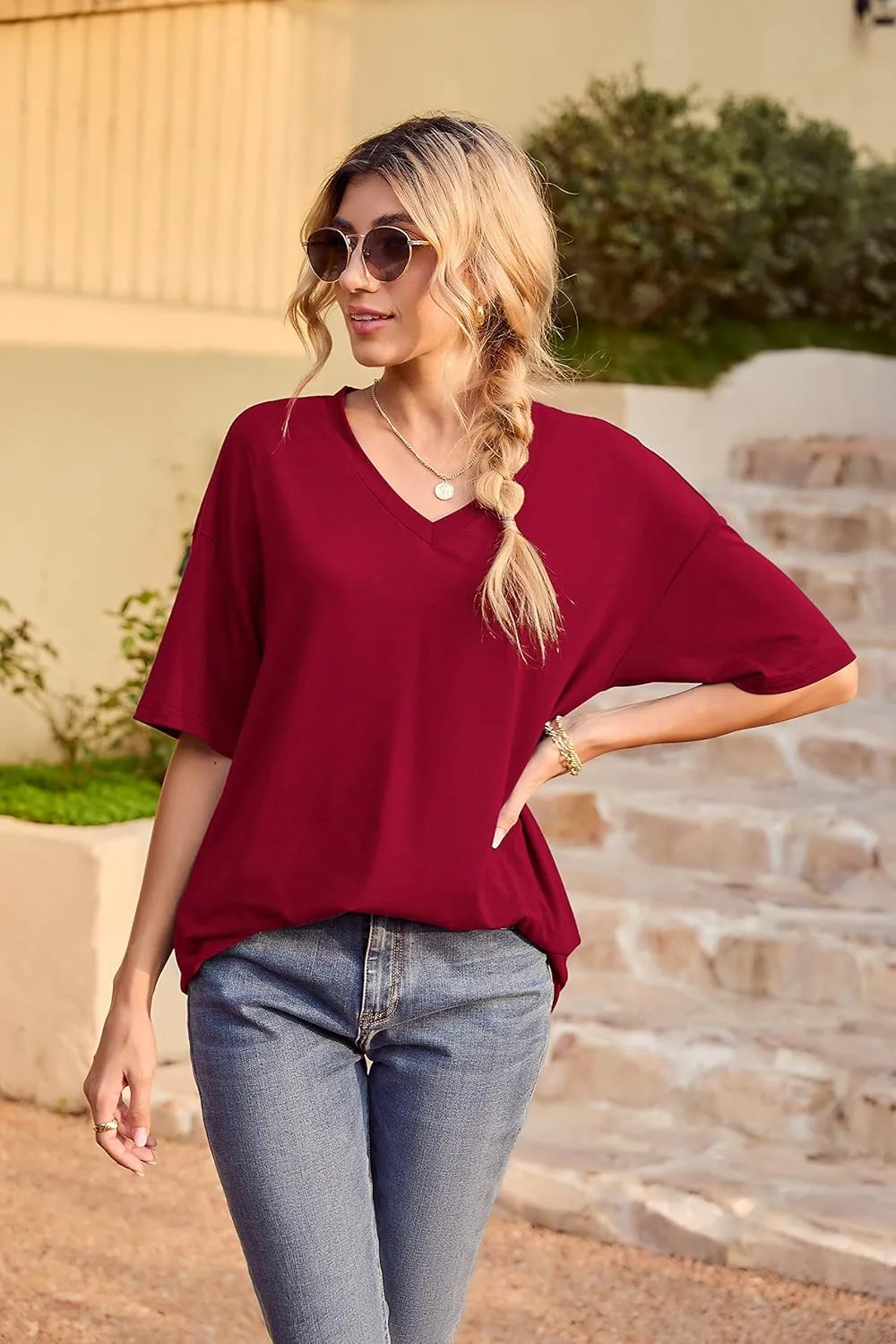 Iandroiy Womens Short Sleeve Tops Dolman V Neck T-Shirts Summer Casual Tunic Tops