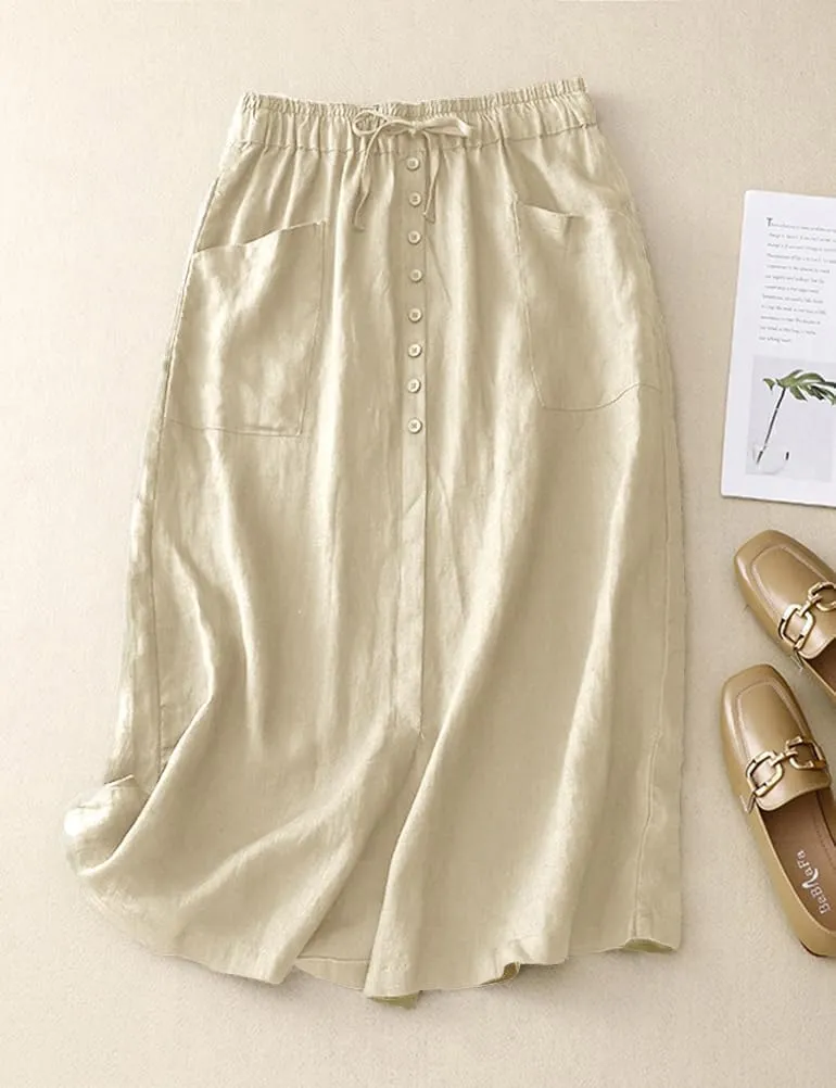 IDEALSANXUN Linen Skirts for Women Summer A Line Flowy Casual Drawstring High Waist Button Down Midi Skirts with Slit