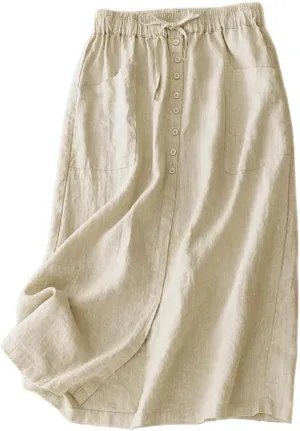 IDEALSANXUN Linen Skirts for Women Summer A Line Flowy Casual Drawstring High Waist Button Down Midi Skirts with Slit