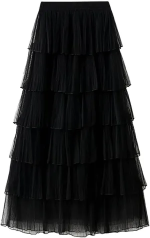 ikasus Women's Chiffon A-Line Fairy Summer Fashion Midi Skirt Women's Elastic High Waist Pleated A-Line Flared Maxi Skirts