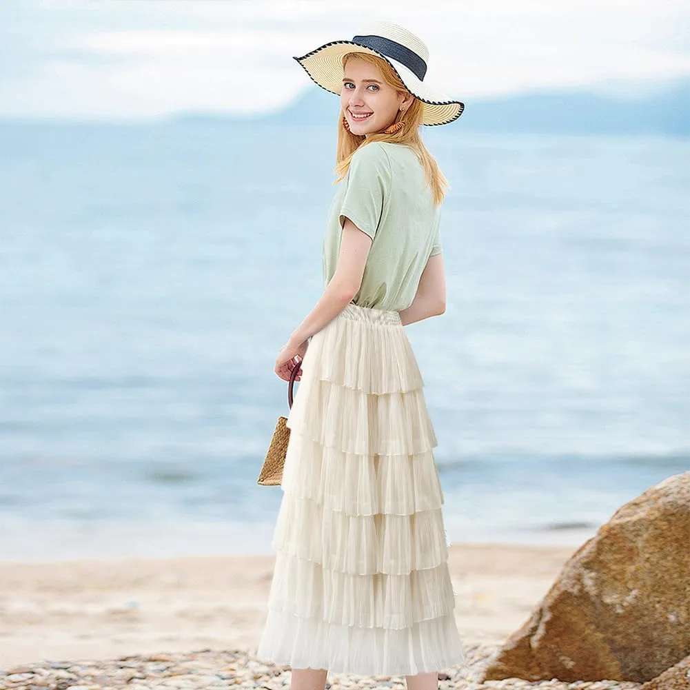 ikasus Women's Chiffon A-Line Fairy Summer Fashion Midi Skirt Women's Elastic High Waist Pleated A-Line Flared Maxi Skirts