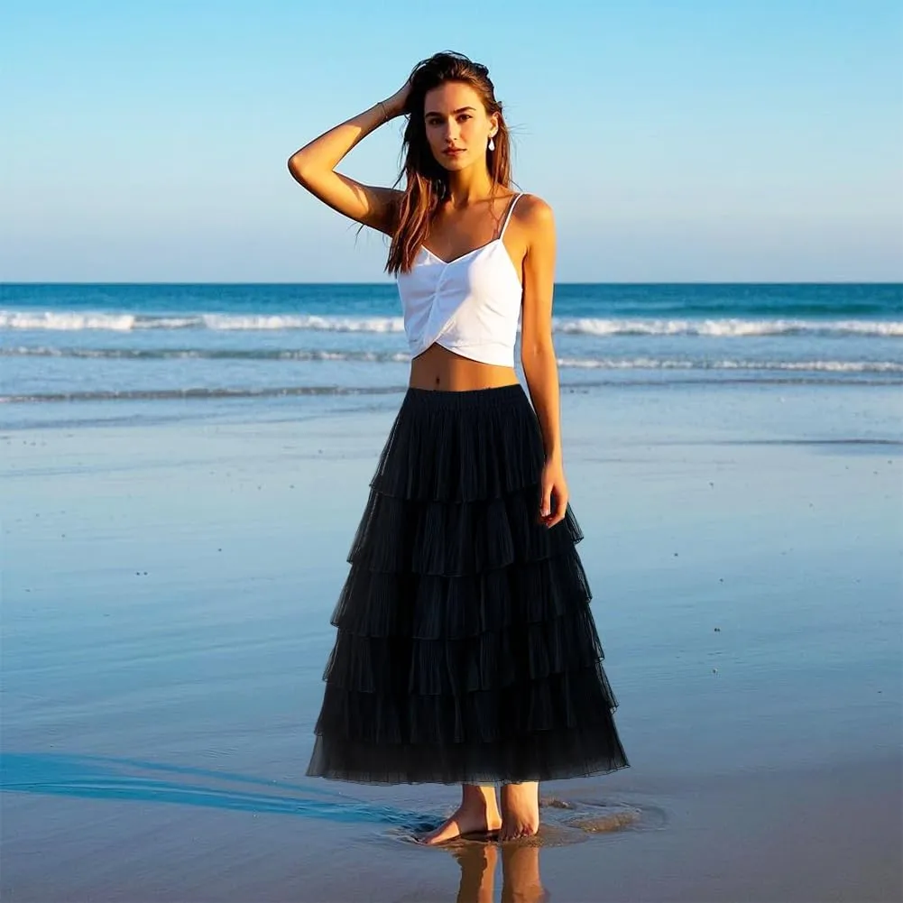 ikasus Women's Chiffon A-Line Fairy Summer Fashion Midi Skirt Women's Elastic High Waist Pleated A-Line Flared Maxi Skirts