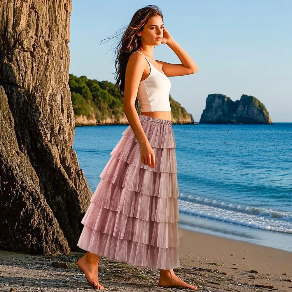 ikasus Women's Chiffon A-Line Fairy Summer Fashion Midi Skirt Women's Elastic High Waist Pleated A-Line Flared Maxi Skirts