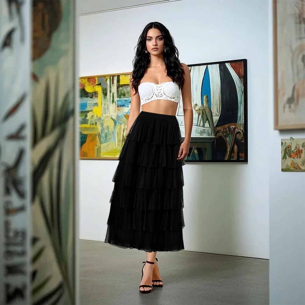 ikasus Women's Chiffon A-Line Fairy Summer Fashion Midi Skirt Women's Elastic High Waist Pleated A-Line Flared Maxi Skirts