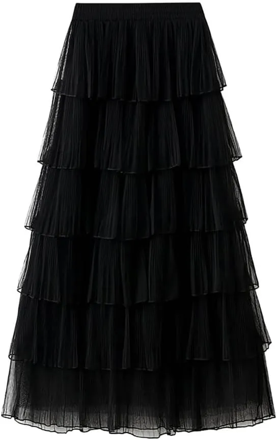 ikasus Women's Chiffon A-Line Fairy Summer Fashion Midi Skirt Women's Elastic High Waist Pleated A-Line Flared Maxi Skirts
