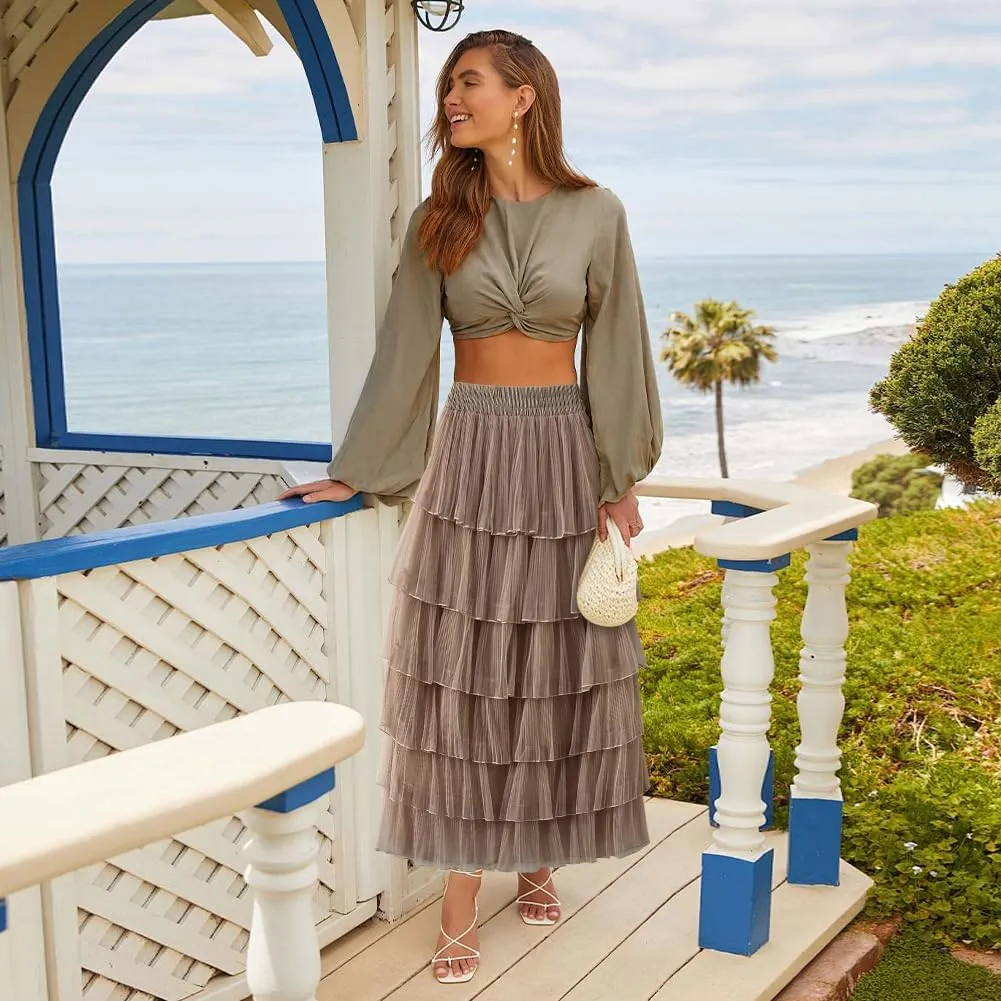 ikasus Women's Chiffon A-Line Fairy Summer Fashion Midi Skirt Women's Elastic High Waist Pleated A-Line Flared Maxi Skirts