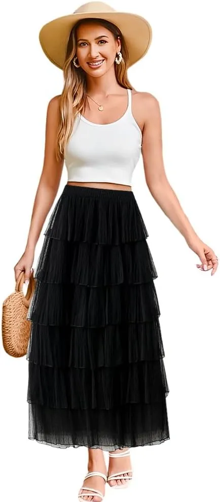 ikasus Women's Chiffon A-Line Fairy Summer Fashion Midi Skirt Women's Elastic High Waist Pleated A-Line Flared Maxi Skirts