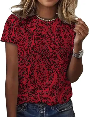 IWOLLENCE Women's Vintage Floral Crewneck Short Sleeve Tops Casual Summer Wildflower Plant Tee Shirts
