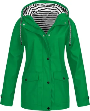 Jackets for Women Solid Zip Up Rain Jacket Button Hooded Raincoat Windproof Travel Outdoor Windbreaker with Pockets
