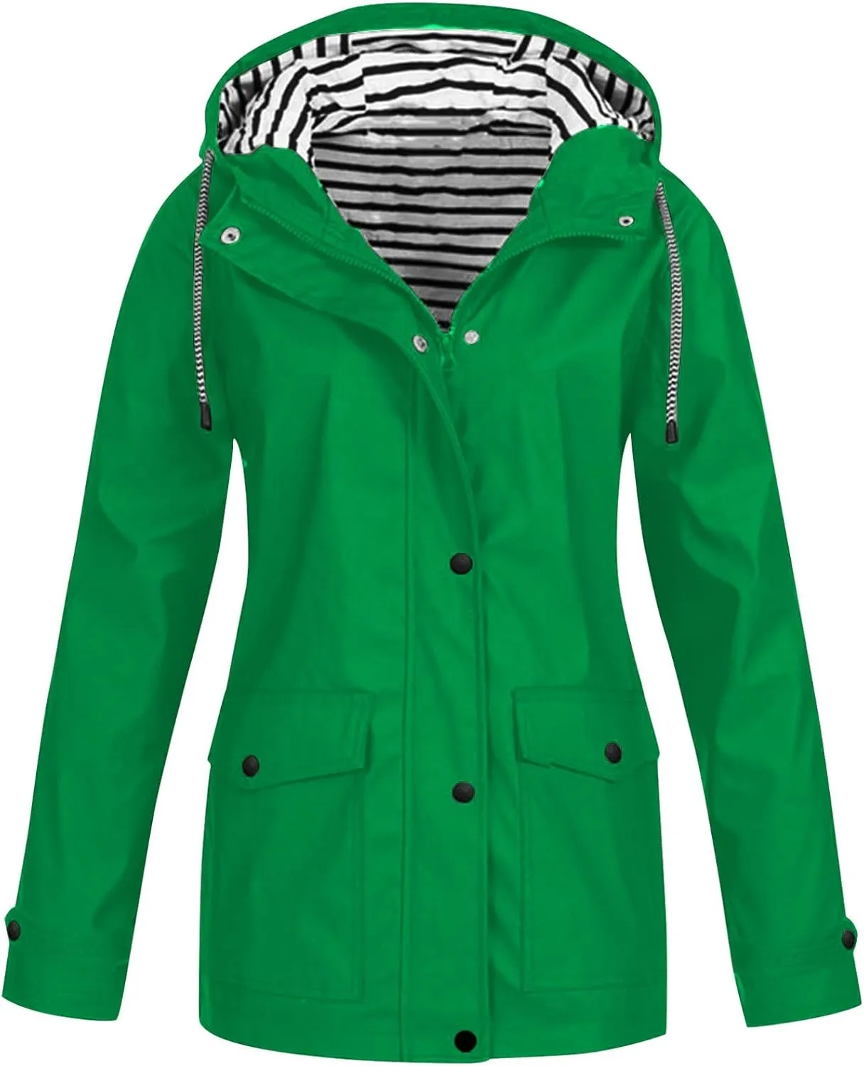 Jackets for Women Solid Zip Up Rain Jacket Button Hooded Raincoat Windproof Travel Outdoor Windbreaker with Pockets