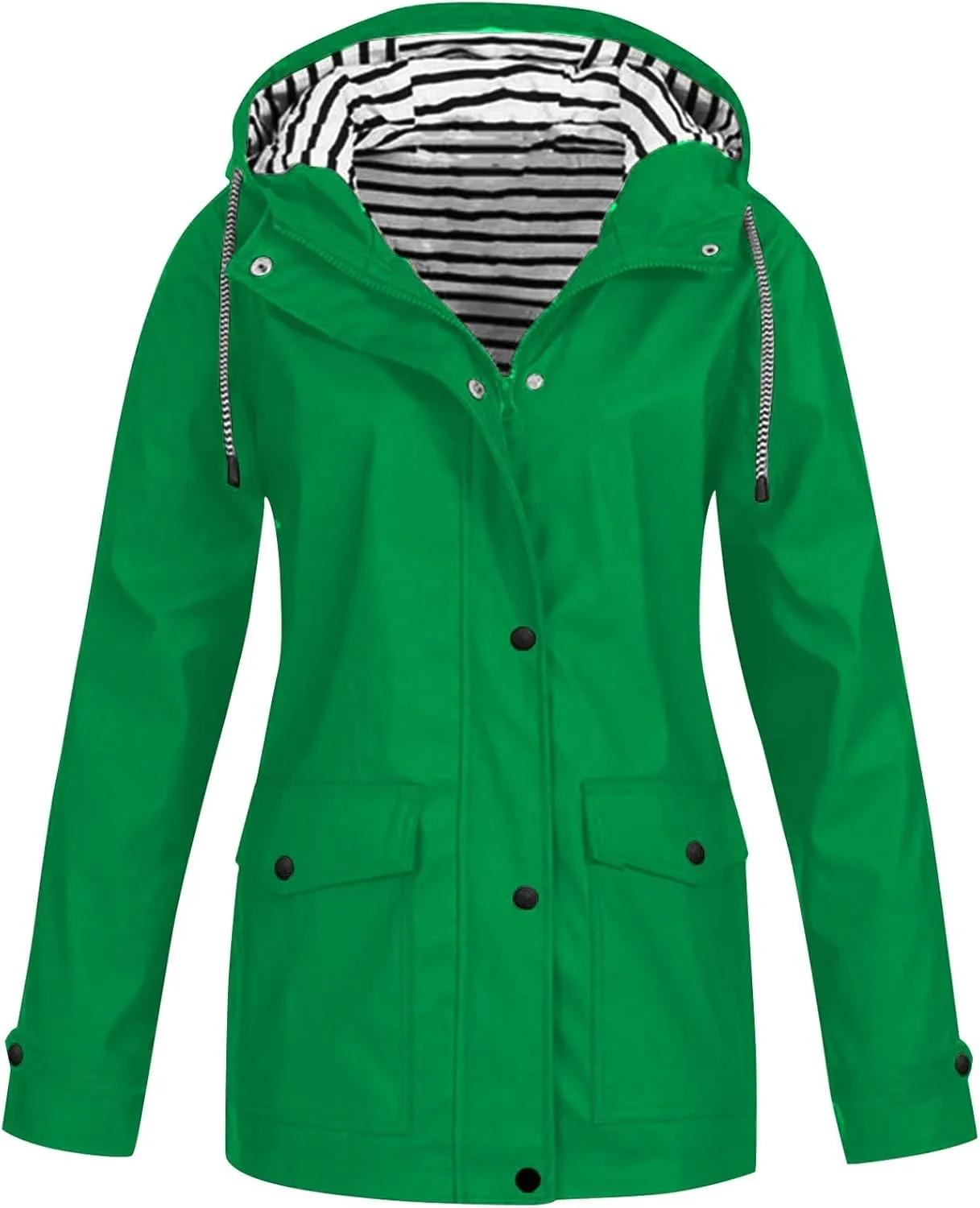 Jackets for Women Solid Zip Up Rain Jacket Button Hooded Raincoat Windproof Travel Outdoor Windbreaker with Pockets