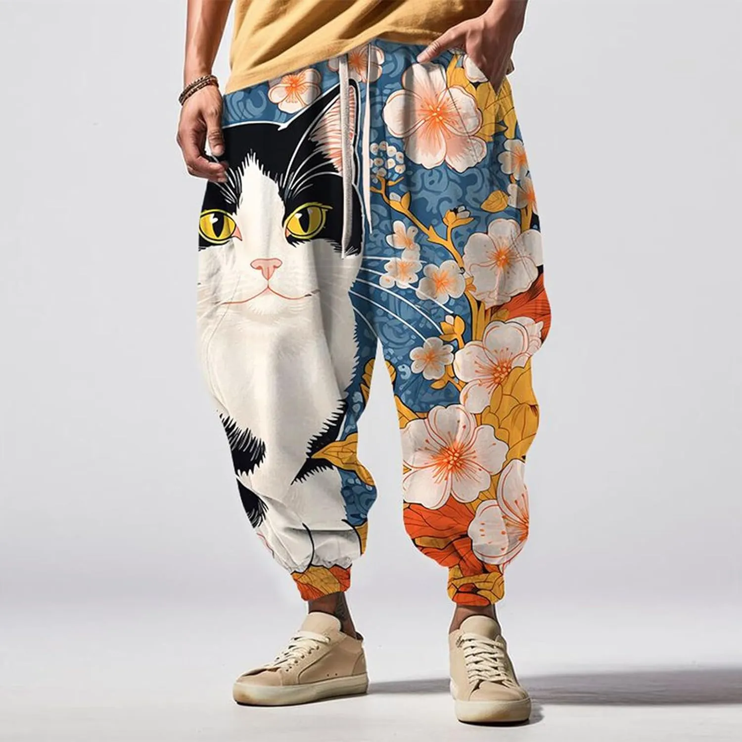 Japanese Drop Crotch Trousers Casual Drawstring Men Elastic Waist with Pockets Waist Men's Mens Hip Hop Harem Pants