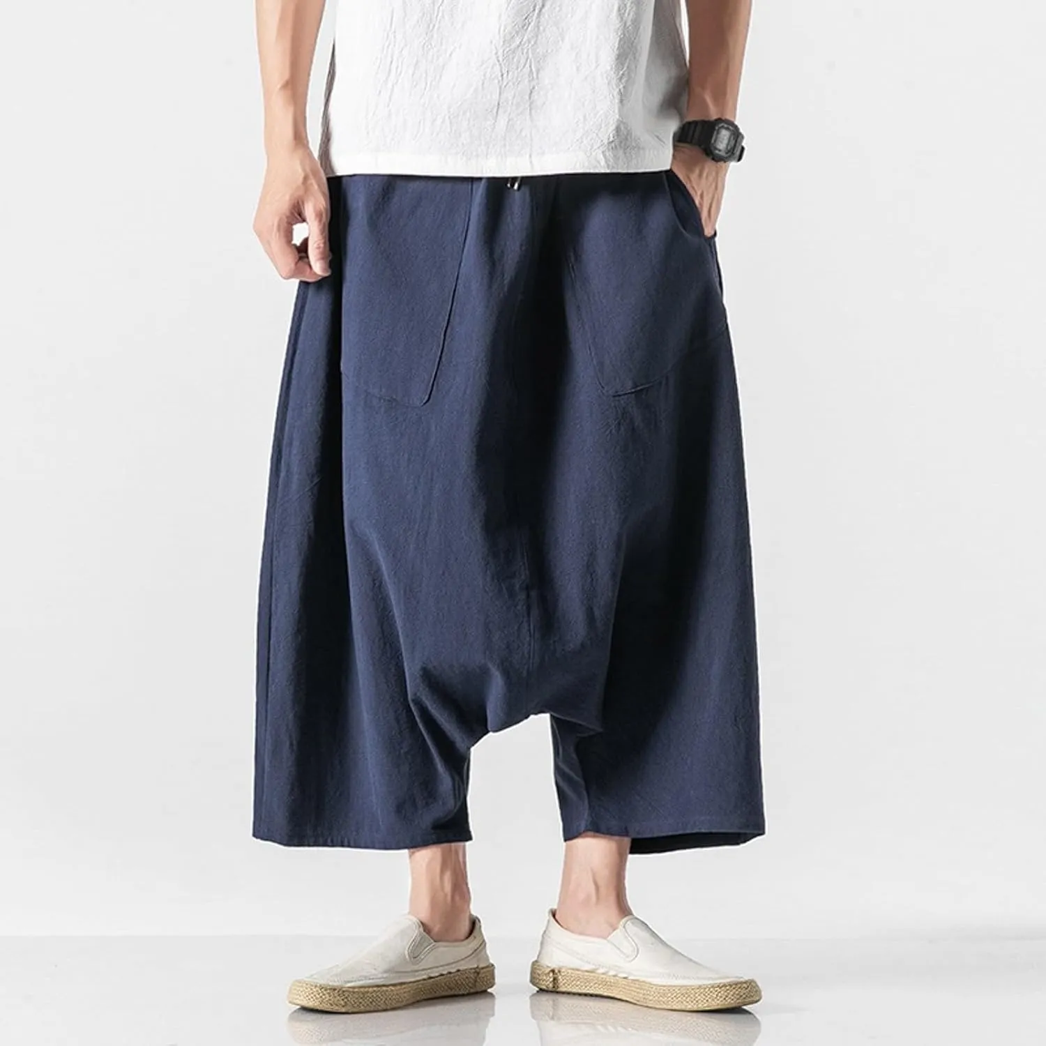 Japanese Pants Mens Beach Summer Wide-Leg Trousers Hippie Harem for Men Hip Hop Lounge Anime Ninja Linen Boho