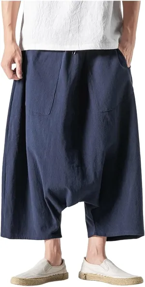 Japanese Pants Mens Beach Summer Wide-Leg Trousers Hippie Harem for Men Hip Hop Lounge Anime Ninja Linen Boho