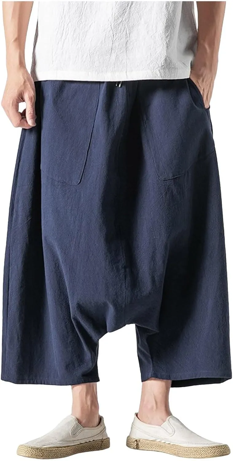 Japanese Pants Mens Beach Summer Wide-Leg Trousers Hippie Harem for Men Hip Hop Lounge Anime Ninja Linen Boho