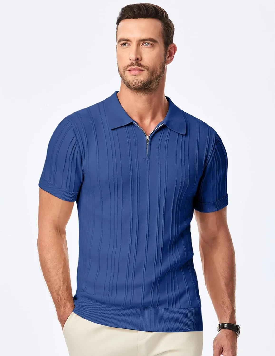 JMIERR Mens Casual Polo Shirt Short Sleeve Classic Fit Knit T Shirt Golf Shirts with Zipper