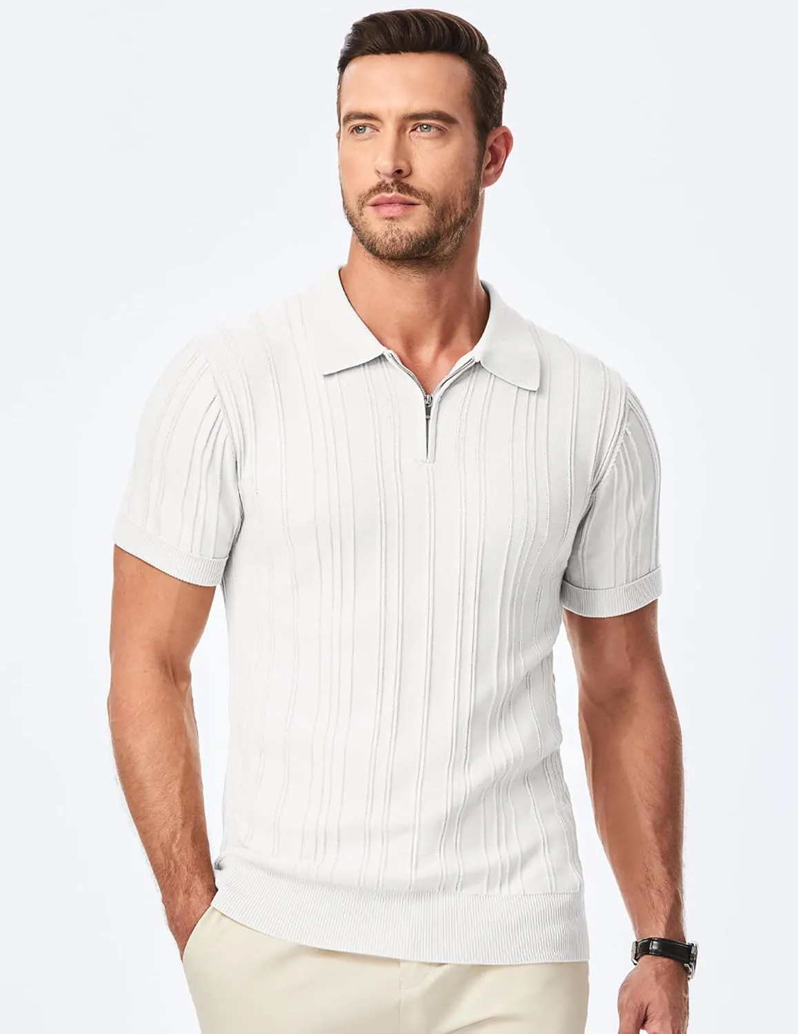 JMIERR Mens Casual Polo Shirt Short Sleeve Classic Fit Knit T Shirt Golf Shirts with Zipper