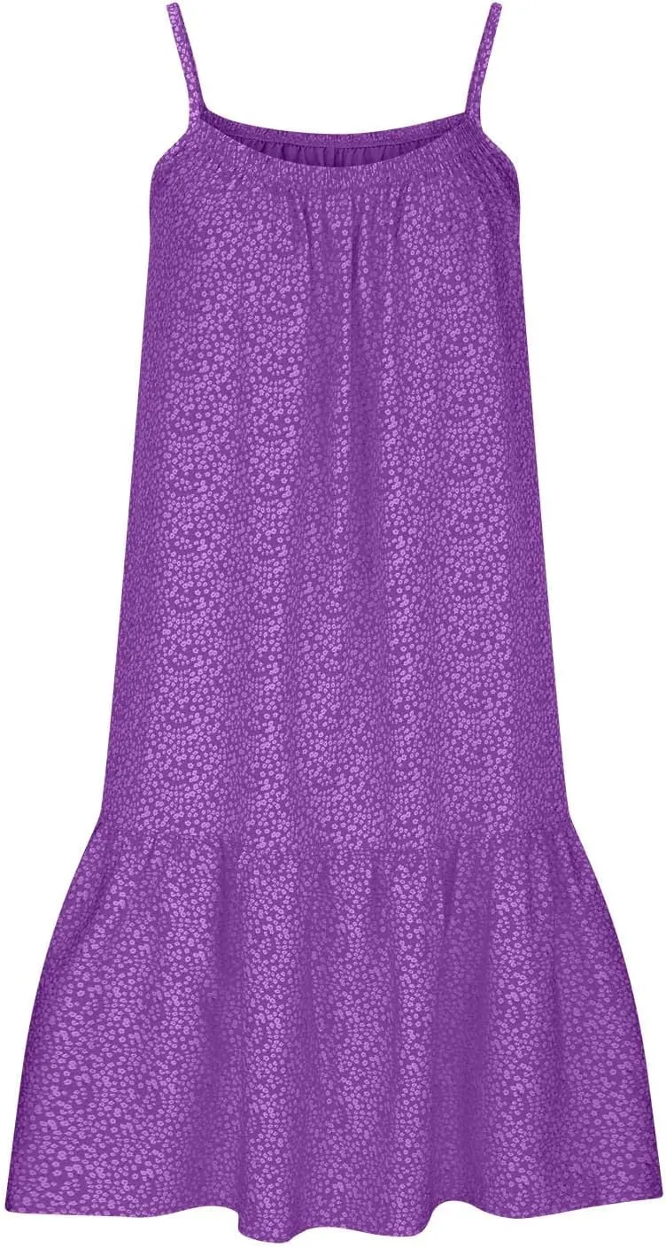 JOAU Womens Boho Printed Short Dress Summer Sleeveless Scoop Neck Spaghetti Strap Flowy Ruffle Hem Beach Casual Mini Dresses
