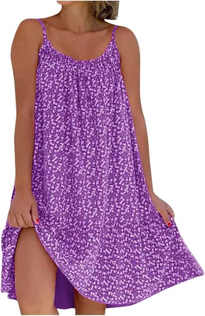 JOAU Womens Boho Printed Short Dress Summer Sleeveless Scoop Neck Spaghetti Strap Flowy Ruffle Hem Beach Casual Mini Dresses
