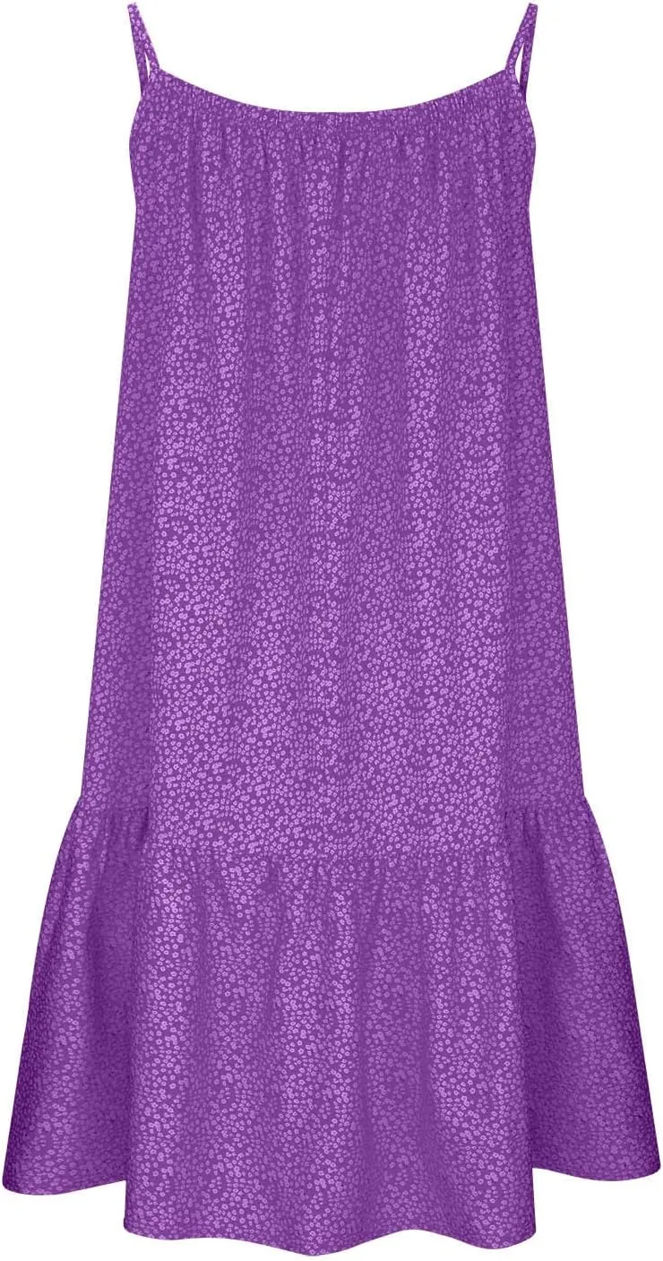 JOAU Womens Boho Printed Short Dress Summer Sleeveless Scoop Neck Spaghetti Strap Flowy Ruffle Hem Beach Casual Mini Dresses