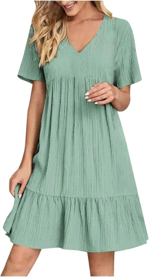 JOAU Women's Fashion Basic V-Neck Short Sleeve Loose Mini Shirt Dress Flowy Ruffle Hem A-Line Swing Knee Length Dresses