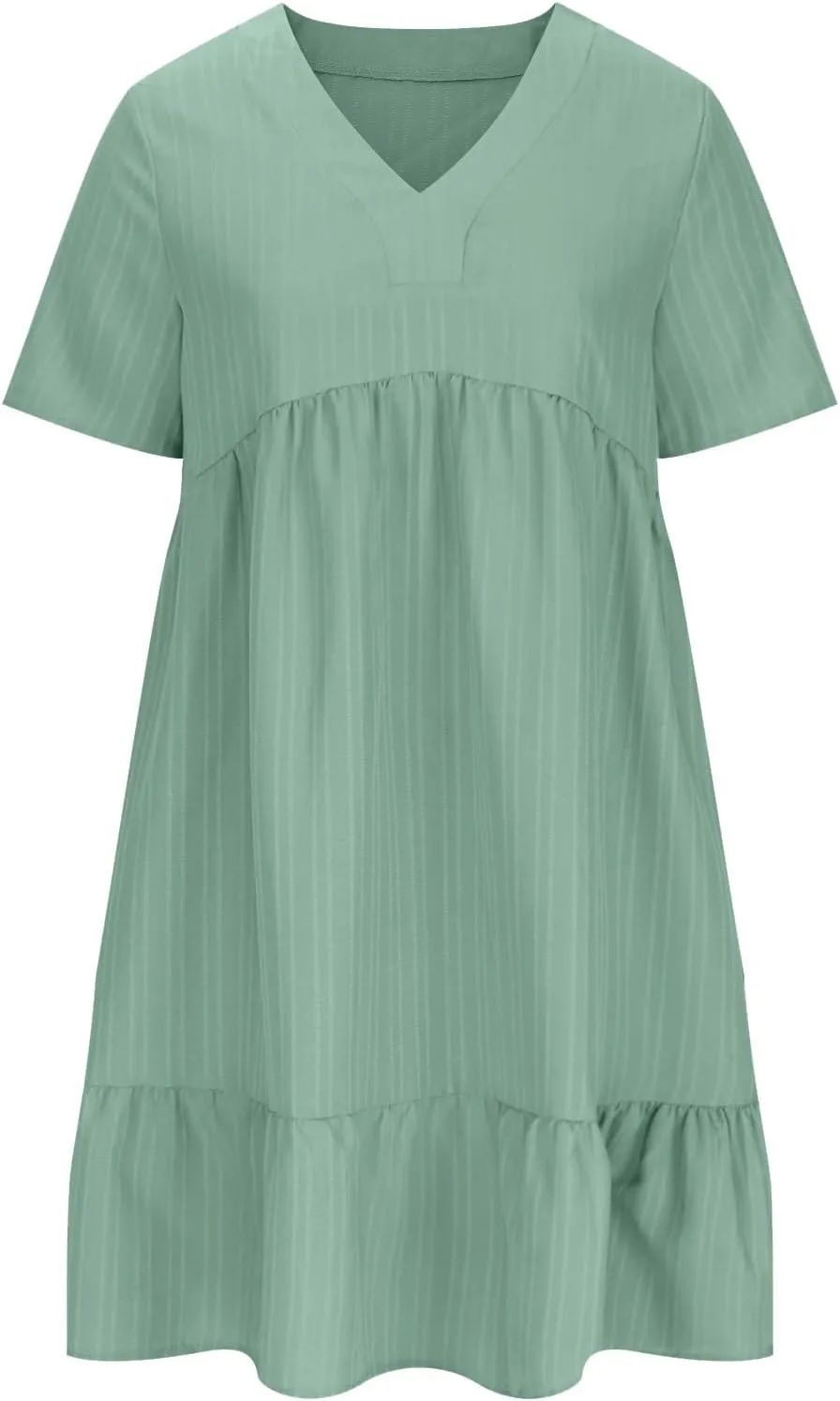 JOAU Women's Fashion Basic V-Neck Short Sleeve Loose Mini Shirt Dress Flowy Ruffle Hem A-Line Swing Knee Length Dresses