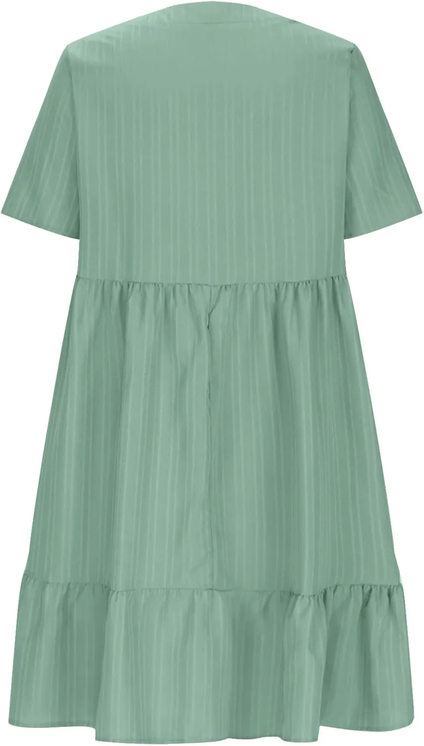 JOAU Women's Fashion Basic V-Neck Short Sleeve Loose Mini Shirt Dress Flowy Ruffle Hem A-Line Swing Knee Length Dresses