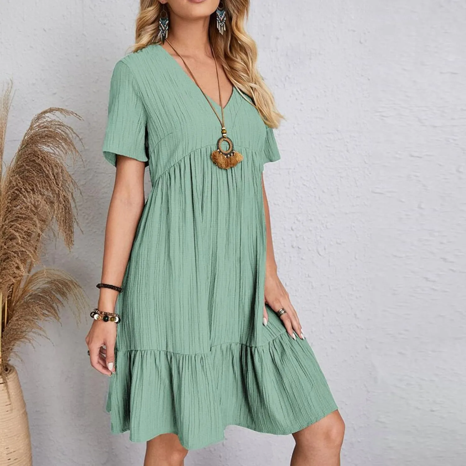 JOAU Women's Fashion Basic V-Neck Short Sleeve Loose Mini Shirt Dress Flowy Ruffle Hem A-Line Swing Knee Length Dresses