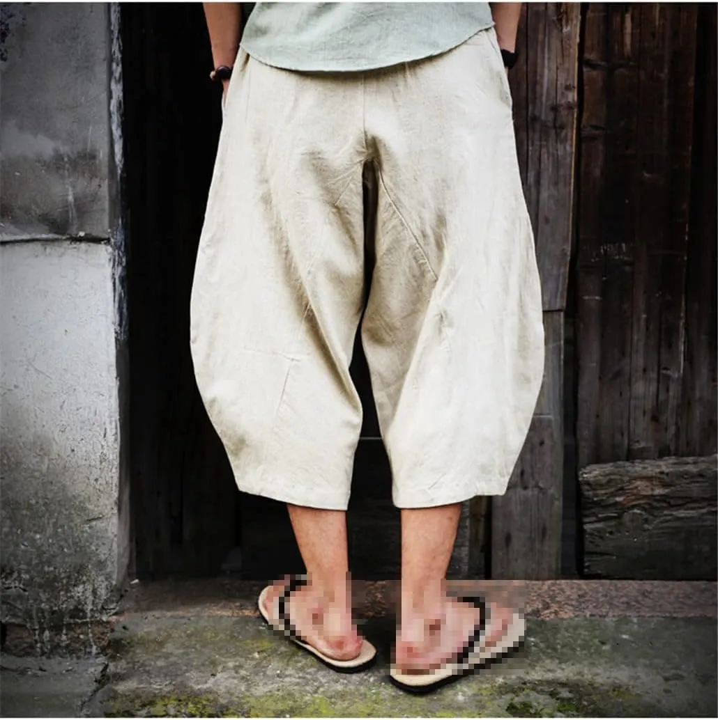 keusyoi Men Cotton Linen Baggy Wide Leg Pants Men Hip Hop Harem Pants Men's Calf-Length Pants Trousers