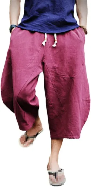 keusyoi Men Cotton Linen Baggy Wide Leg Pants Men Hip Hop Harem Pants Men's Calf-Length Pants Trousers