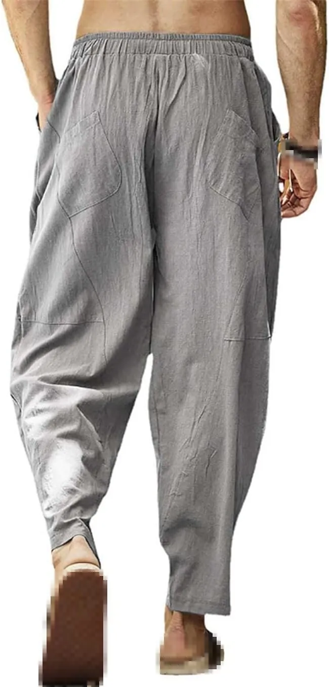 keusyoi Men's Harem Pants Cotton Linen Beach Pants Wide Leg Waist Loose Pants Casual Straight Elastic Waist Drawstring Pants